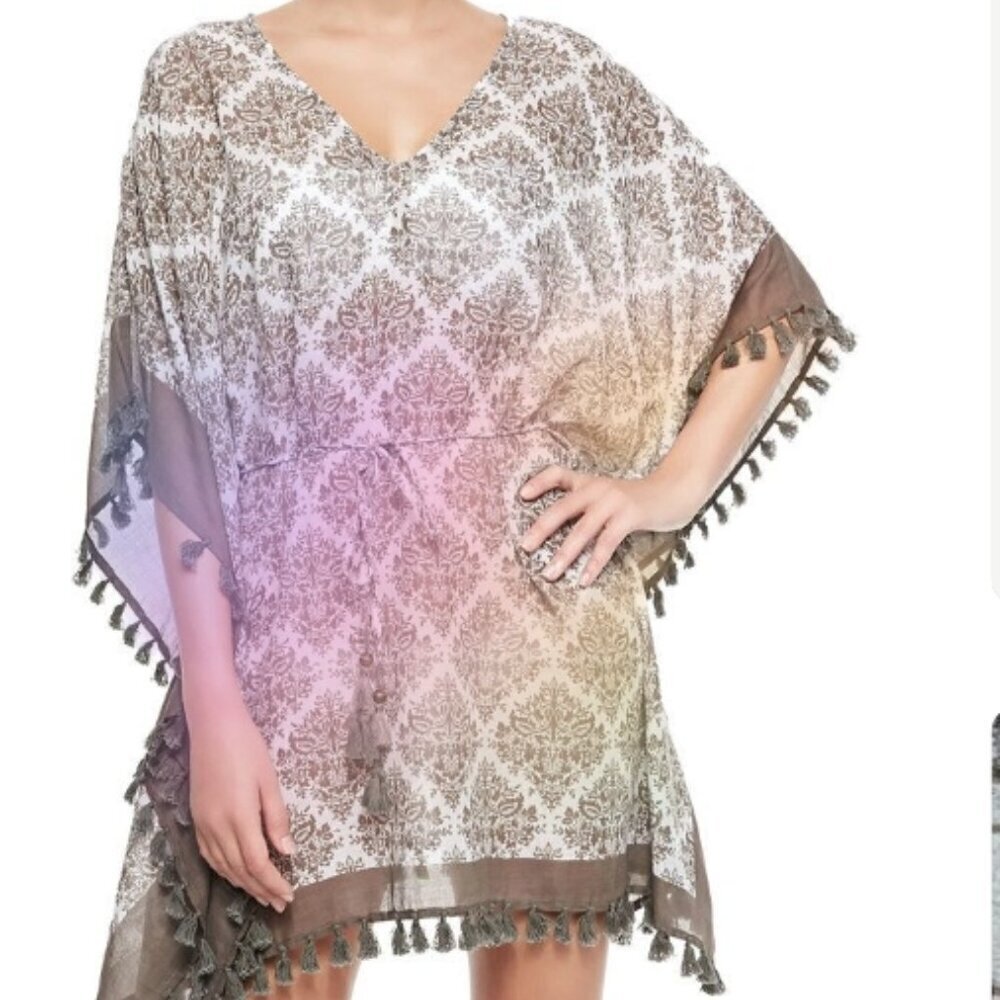 tommy bahama floral medallion oversized tunic w tassels white taupe S/M NWT